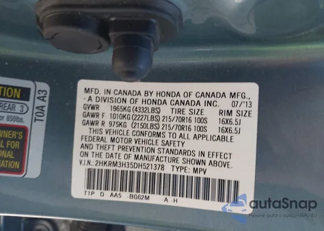 2013 Honda Cr-V Lx из США, поврежденный, VIN 2HKRM3H35DH521378